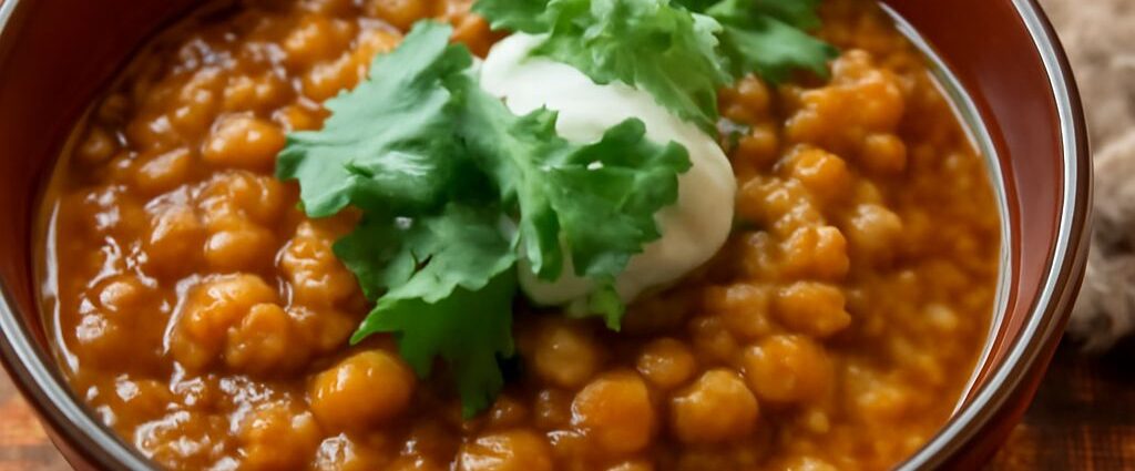 Moroccan lentil soup with brown lentils, vegetables, herbs, and warm spices