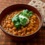 Moroccan lentil soup with brown lentils, vegetables, herbs, and warm spices