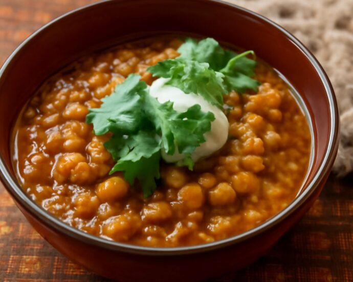Moroccan lentil soup with brown lentils, vegetables, herbs, and warm spices