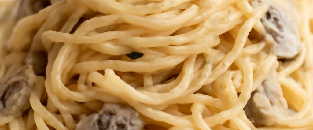 Pasta made with cream of mushroom soup coated in glossy sauce