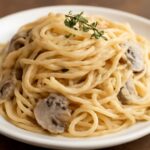 Pasta made with cream of mushroom soup coated in glossy sauce
