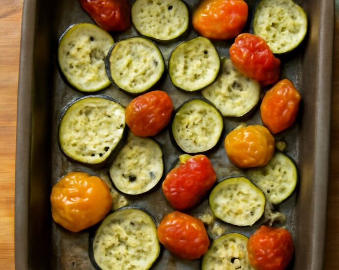 Oven roasted zucchini and yellow squash with browned edges on a sheet pan
