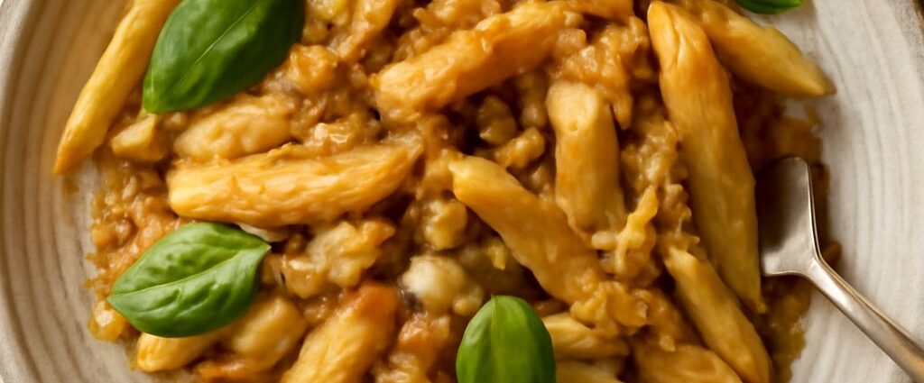 Glossy noodles with whole white beans, wilted greens, and garlic in a shallow bowl
