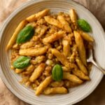Glossy noodles with whole white beans, wilted greens, and garlic in a shallow bowl