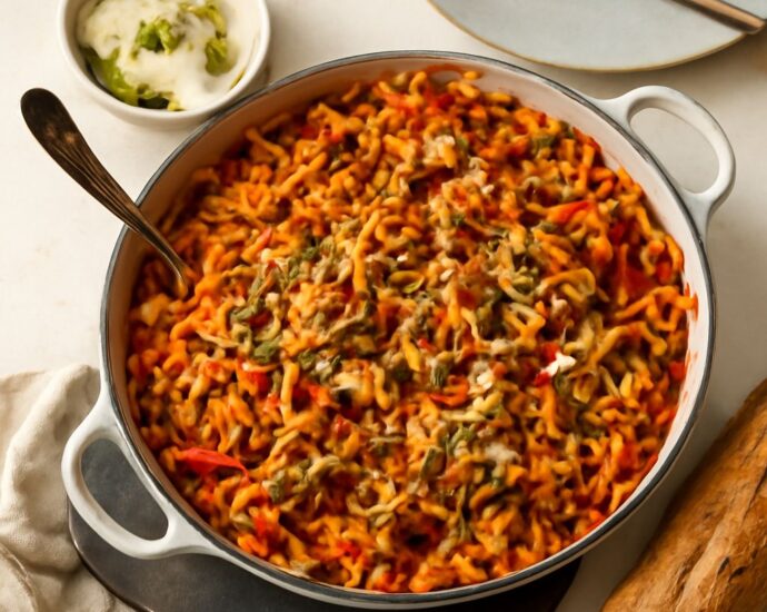 Pesto tomato sauce served over pasta with basil