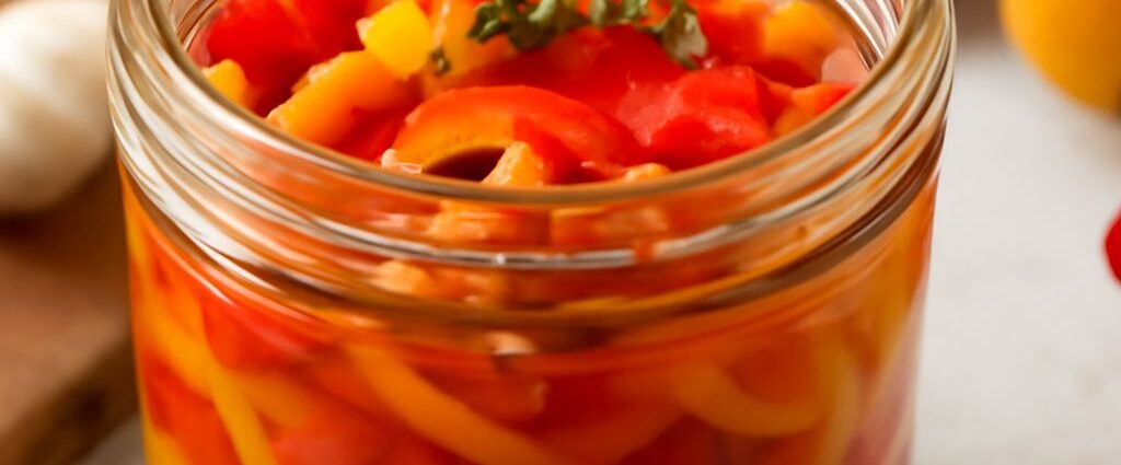 A jar of pickled pepper slices in refrigerator brine