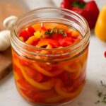 A jar of pickled pepper slices in refrigerator brine