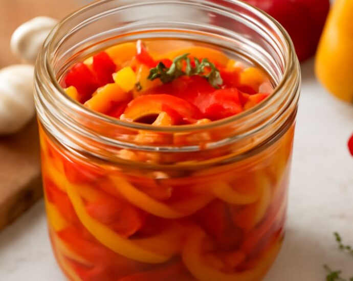 A jar of pickled pepper slices in refrigerator brine