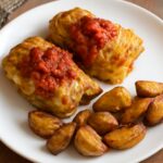 Vegetarian Polish stuffed cabbage rolls filled with mushrooms, grains, and lentils in tomato sauce