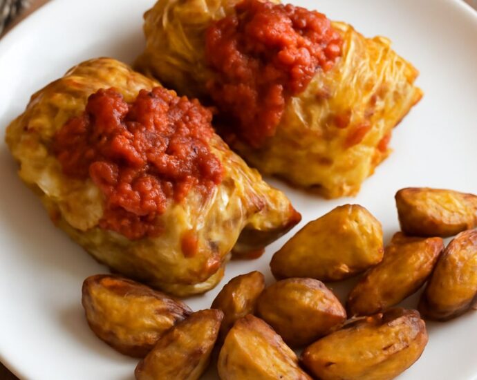 Vegetarian Polish stuffed cabbage rolls filled with mushrooms, grains, and lentils in tomato sauce