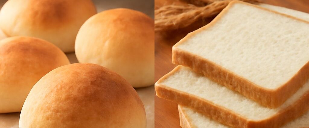 Sliced potato bread and white bread beside nutrition labels