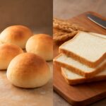 Sliced potato bread and white bread beside nutrition labels