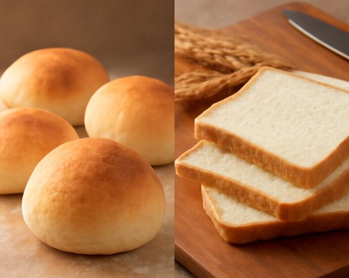 Sliced potato bread and white bread beside nutrition labels