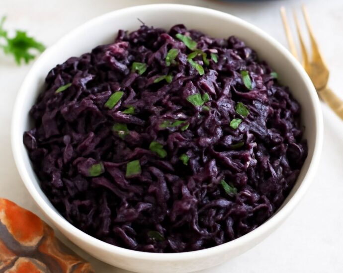 Purple cabbage recipe with tender, glossy sautéed ribbons