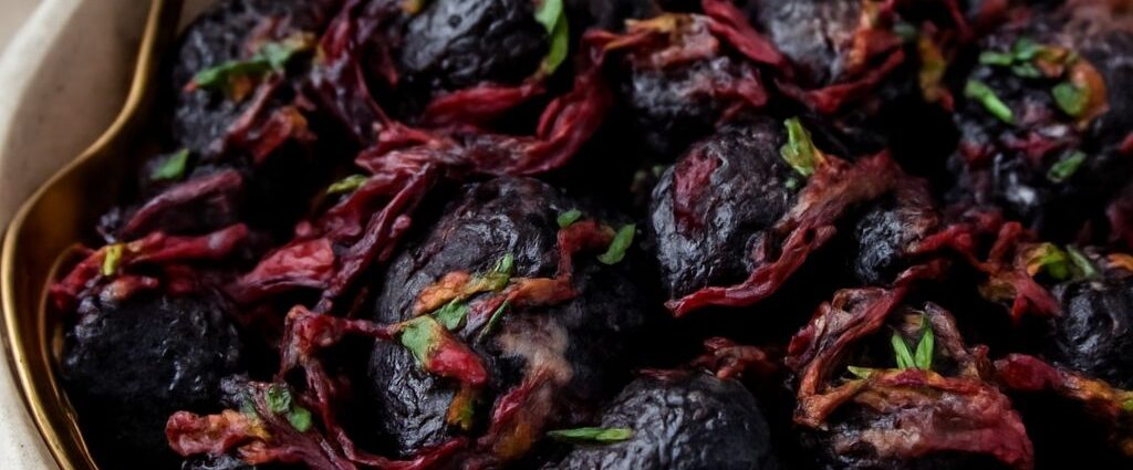 Roasted purple potatoes with garlic, olive oil, and herbs