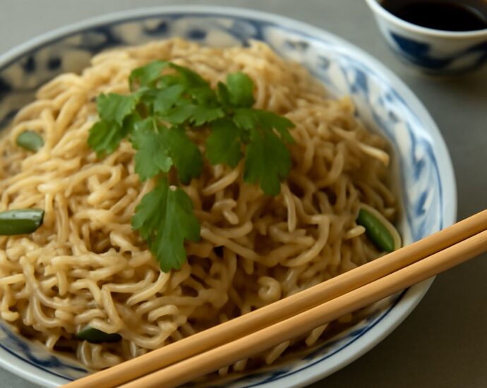 Thin rice noodle stir-fry with vegetables and herbs