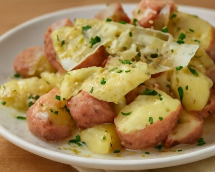 A tray of crisp-golden smashed red potatoes with creamy centers