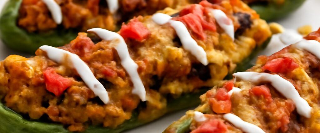 Vegetarian stuffed Anaheim peppers filled with rice, beans, tomato sauce, and vegan cheese