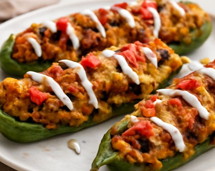 Vegetarian stuffed Anaheim peppers filled with rice, beans, tomato sauce, and vegan cheese