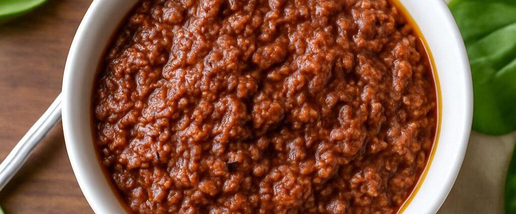 Thick sun-dried tomato pesto with basil in a bowl beside pasta