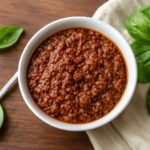 Thick sun-dried tomato pesto with basil in a bowl beside pasta