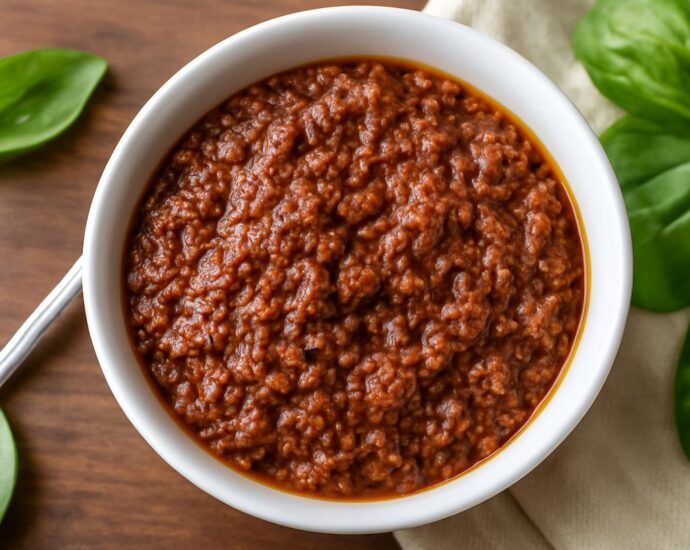 Thick sun-dried tomato pesto with basil in a bowl beside pasta