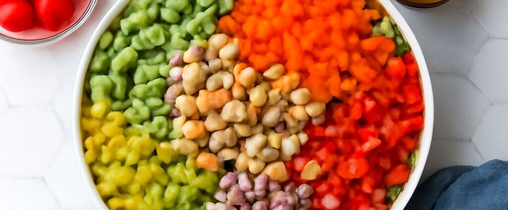 Vegan salad recipe with quinoa, chickpeas, greens, vegetables, and tahini dressing