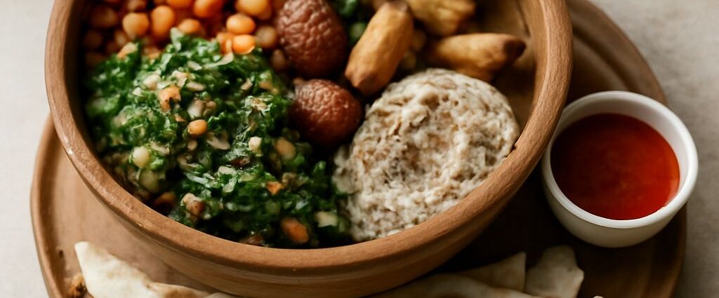 Colorful vegan meal plan with vegetables, beans, whole grains, fruit, and measured nuts