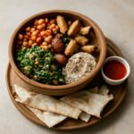 Colorful vegan meal plan with vegetables, beans, whole grains, fruit, and measured nuts