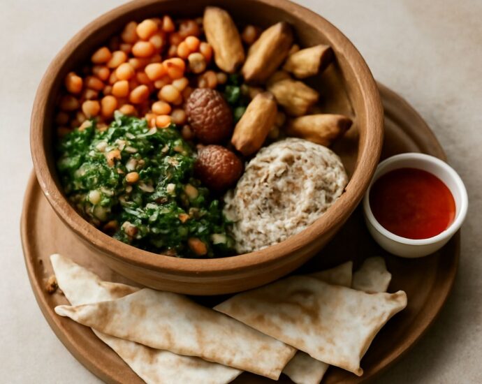 Colorful vegan meal plan with vegetables, beans, whole grains, fruit, and measured nuts