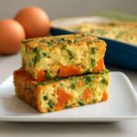 Sliceable veggie egg bake with colorful vegetables in a square baking pan