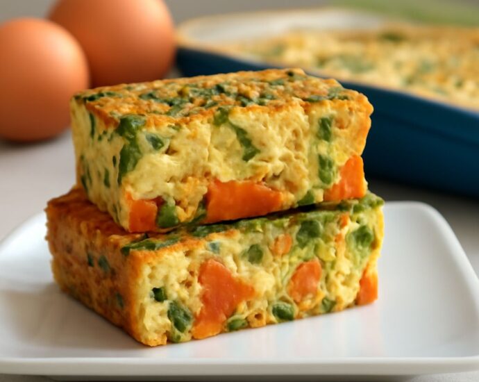 Sliceable veggie egg bake with colorful vegetables in a square baking pan
