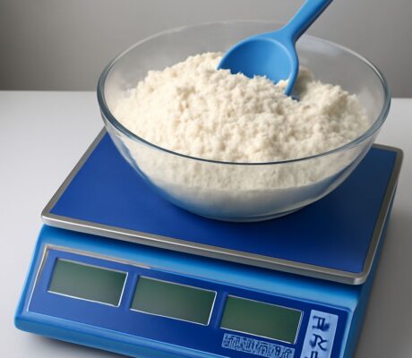 Measuring cup filled with flour on a scale