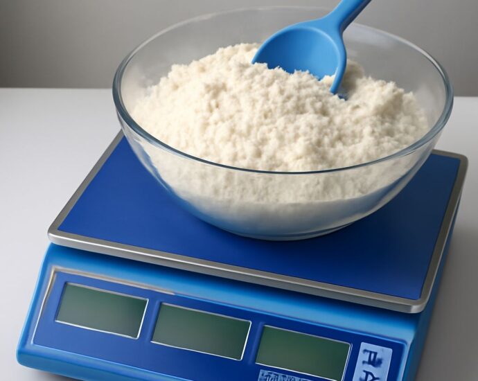Measuring cup filled with flour on a scale