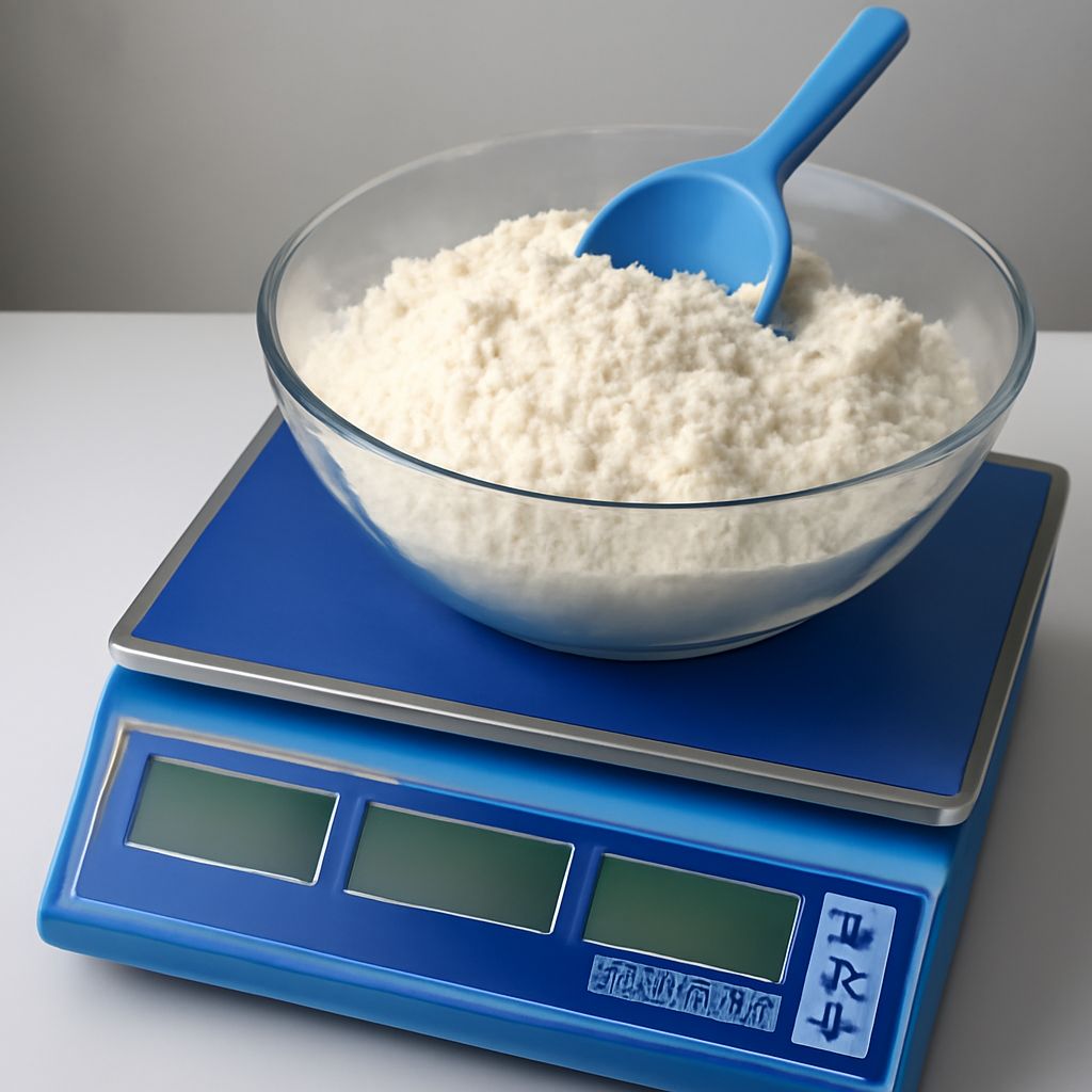 Measuring cup filled with flour on a scale