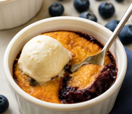 A freshly baked blueberry cobbler served in a dish.