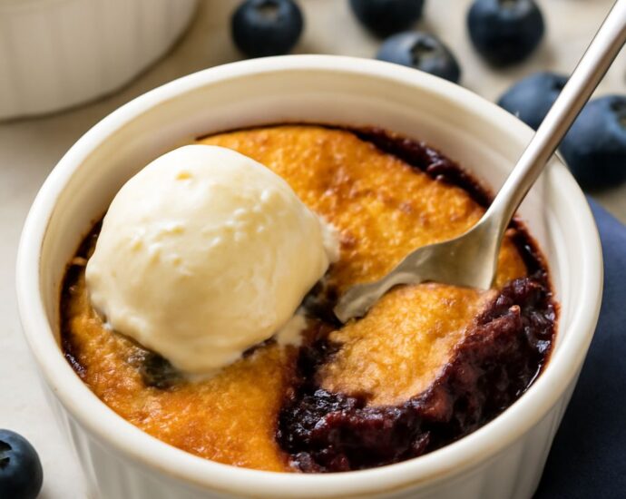 A freshly baked blueberry cobbler served in a dish.