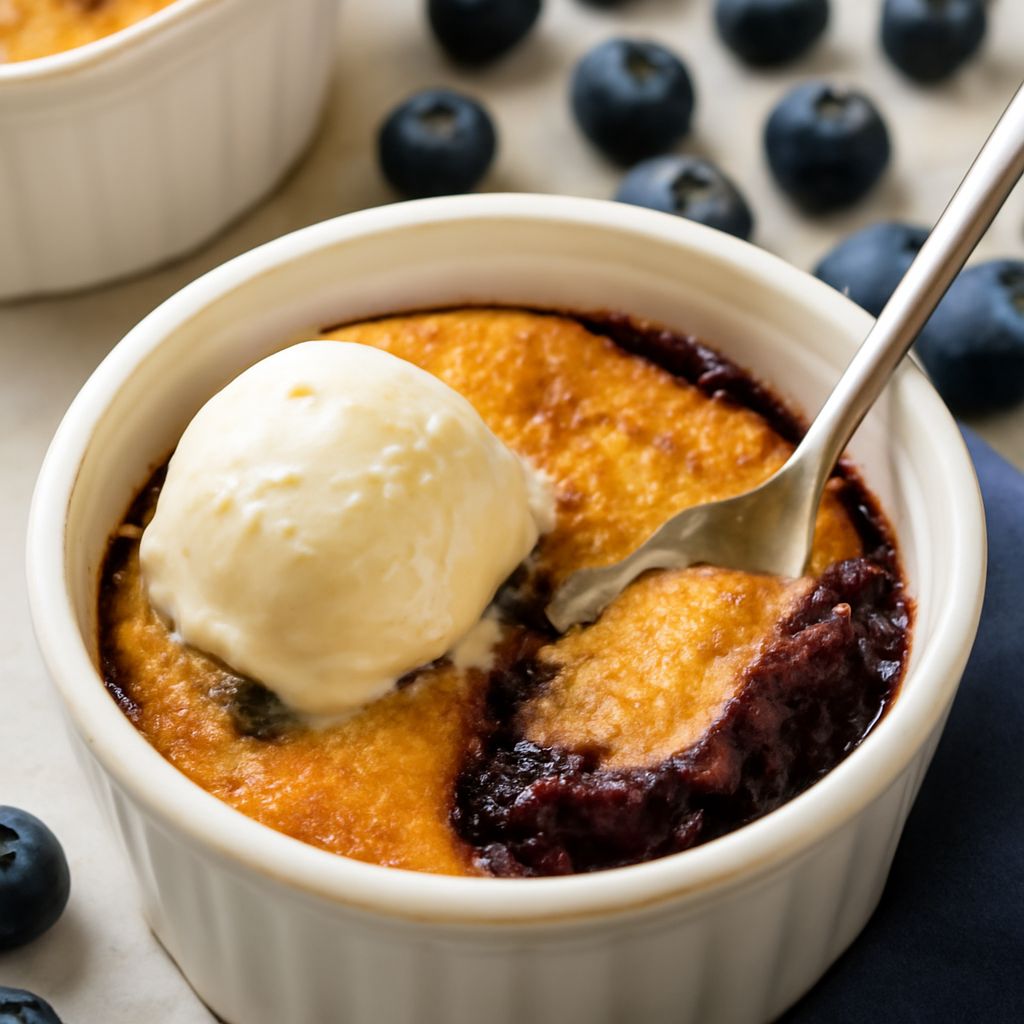 A freshly baked blueberry cobbler served in a dish.