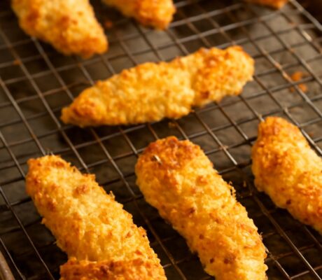 Breaded chicken tenders on a plate