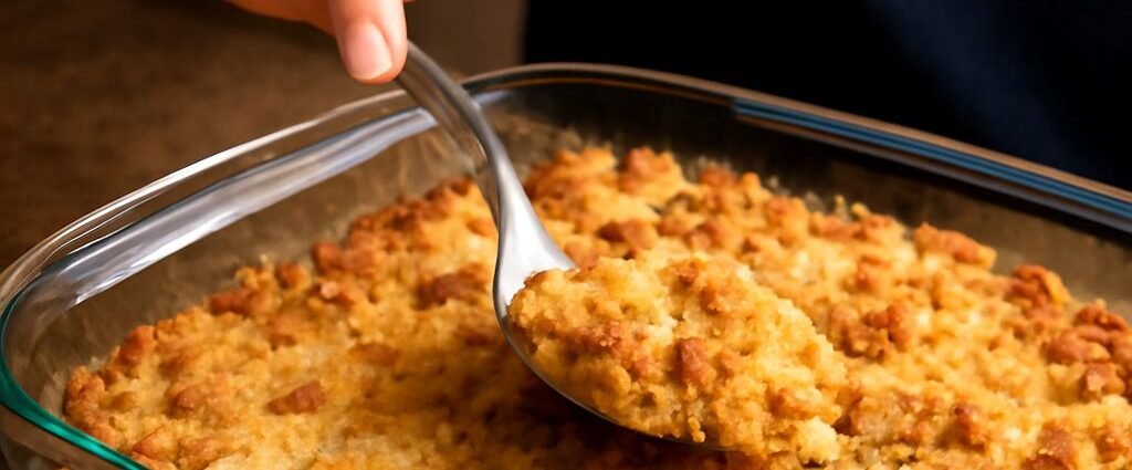 A delicious cornbread dressing in a baking dish