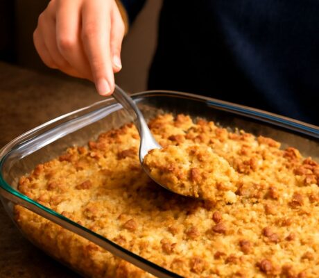 A delicious cornbread dressing in a baking dish