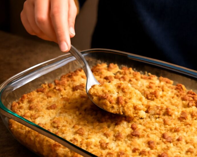 A delicious cornbread dressing in a baking dish