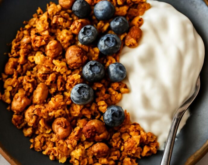 A bowl of homemade granola with nuts and dried fruits