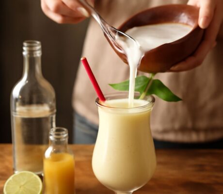 A refreshing homemade pina colada served in a glass with a pineapple slice garnish.