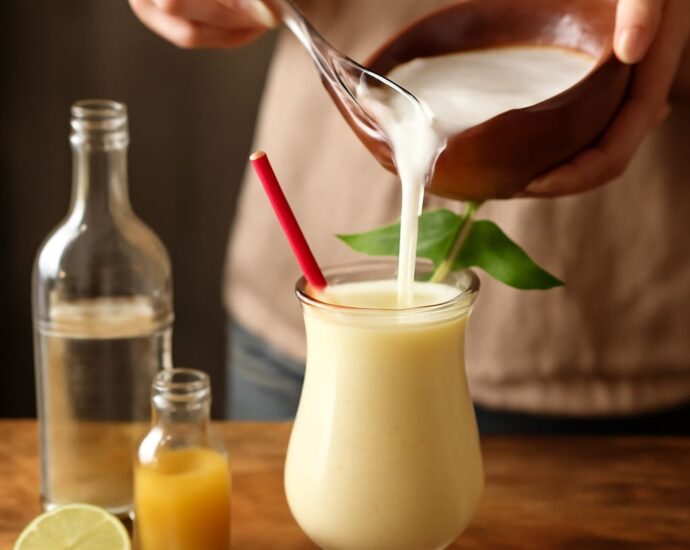 A refreshing homemade pina colada served in a glass with a pineapple slice garnish.