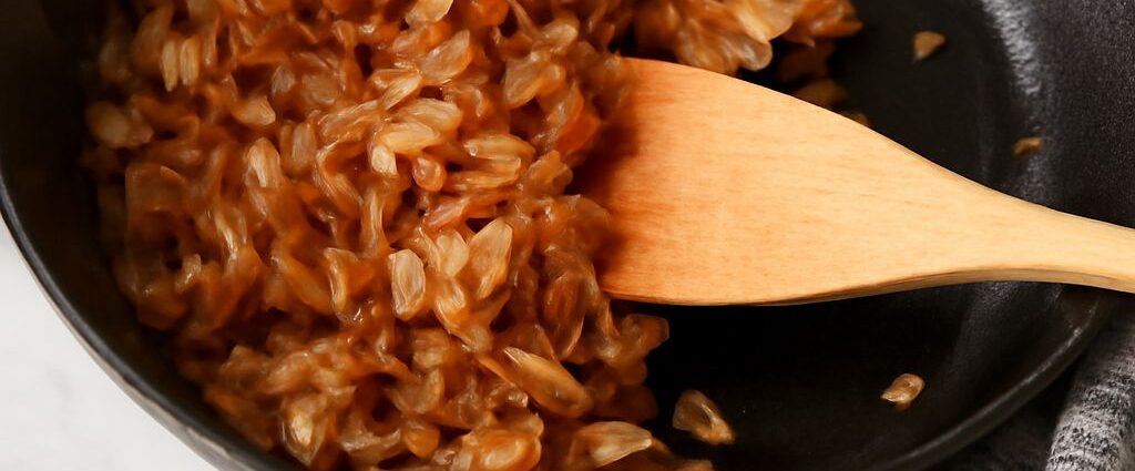 Golden and sweet caramelized onions in a pan