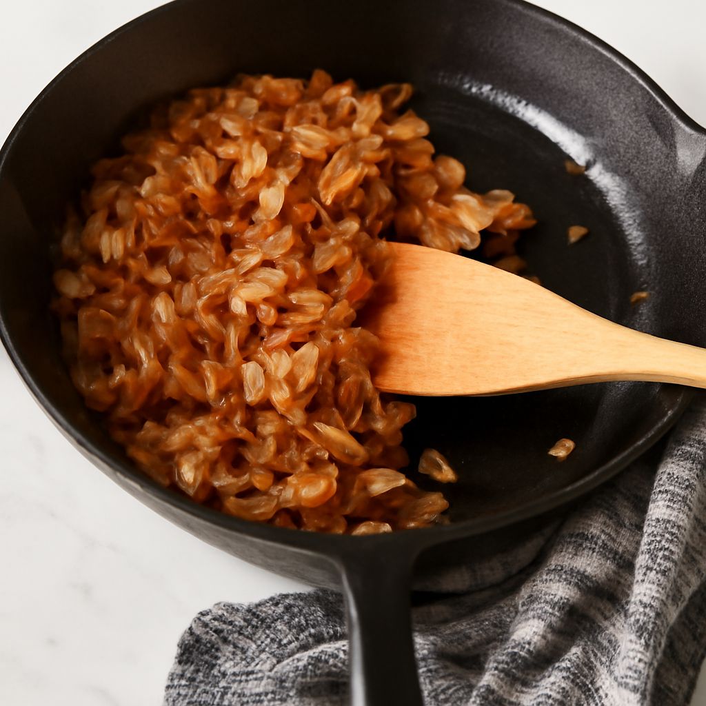 Golden and sweet caramelized onions in a pan