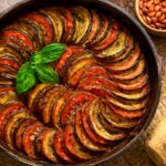 A beautifully layered ratatouille dish with vibrant vegetables