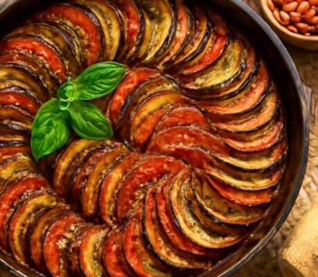 A beautifully layered ratatouille dish with vibrant vegetables