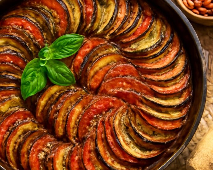 A beautifully layered ratatouille dish with vibrant vegetables
